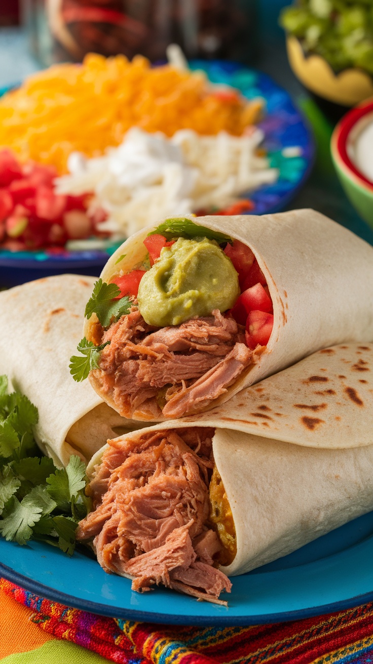 Plate of Chipotle Pulled Pork Burritos with toppings like cilantro, tomatoes, and guacamole.